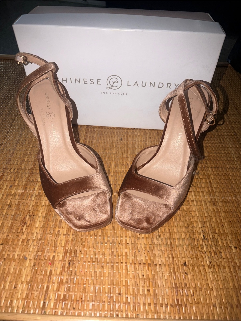 Chinese Laundry Brown Velvet Square-Toe Ankle Strap Heels